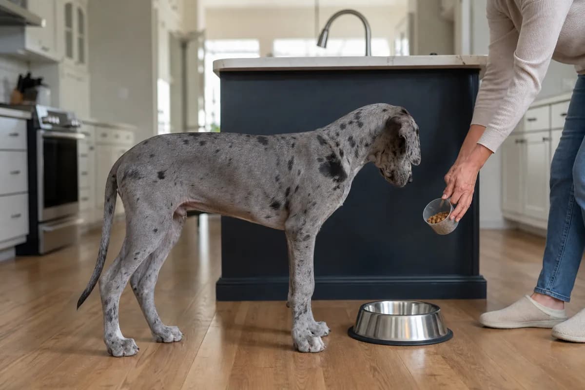 Lean Great Dane puppy beside a measured bowl of large-breed growth food