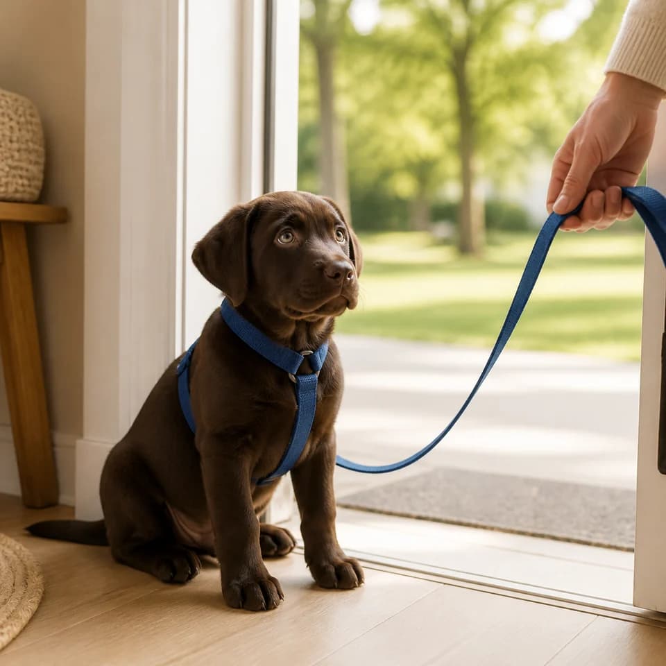Chocolate Labrador puppy in a harness waiting beside an open door